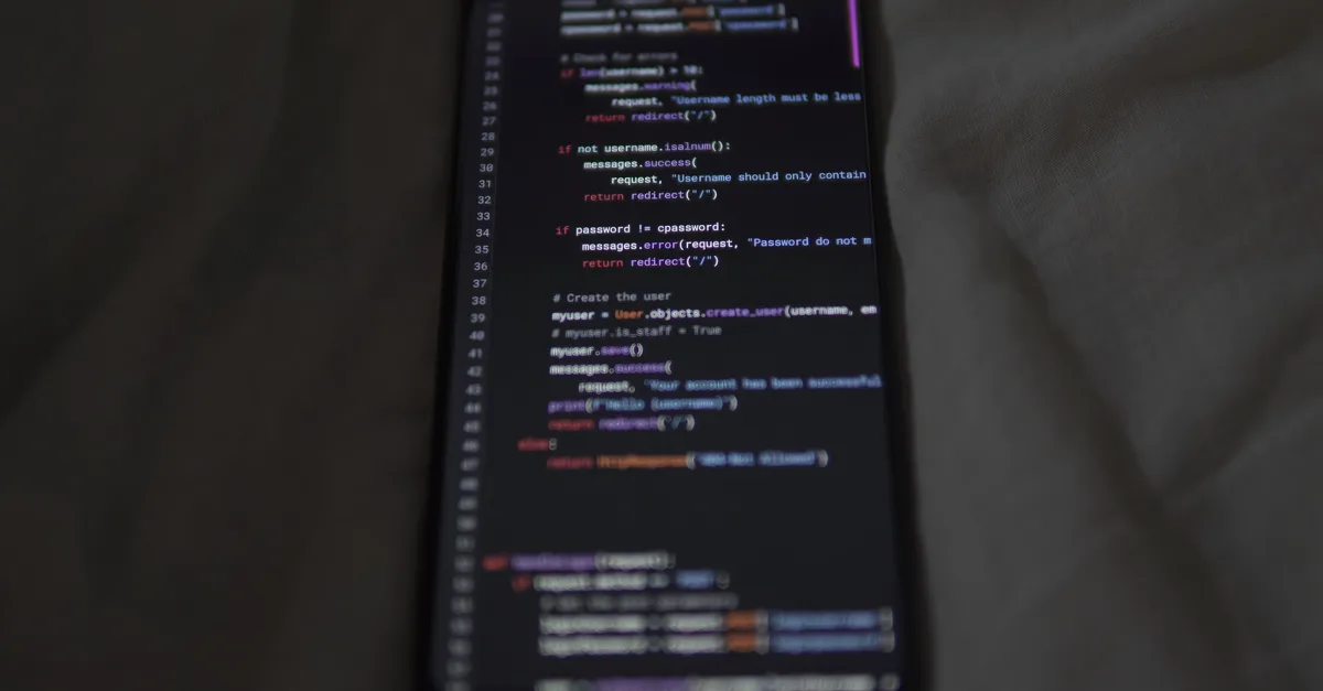 Código de aplicativo em um smartphone